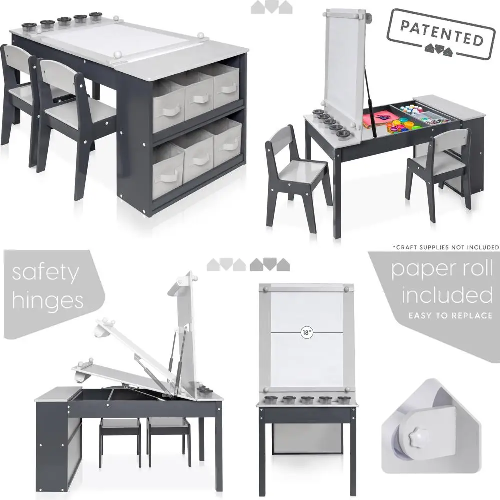 

2-in-1 Kids Art Table and Chair Set – Activity Table with Storage, Easel Transformation - 5 Paint Cups, 6 Storage Bins and Pape