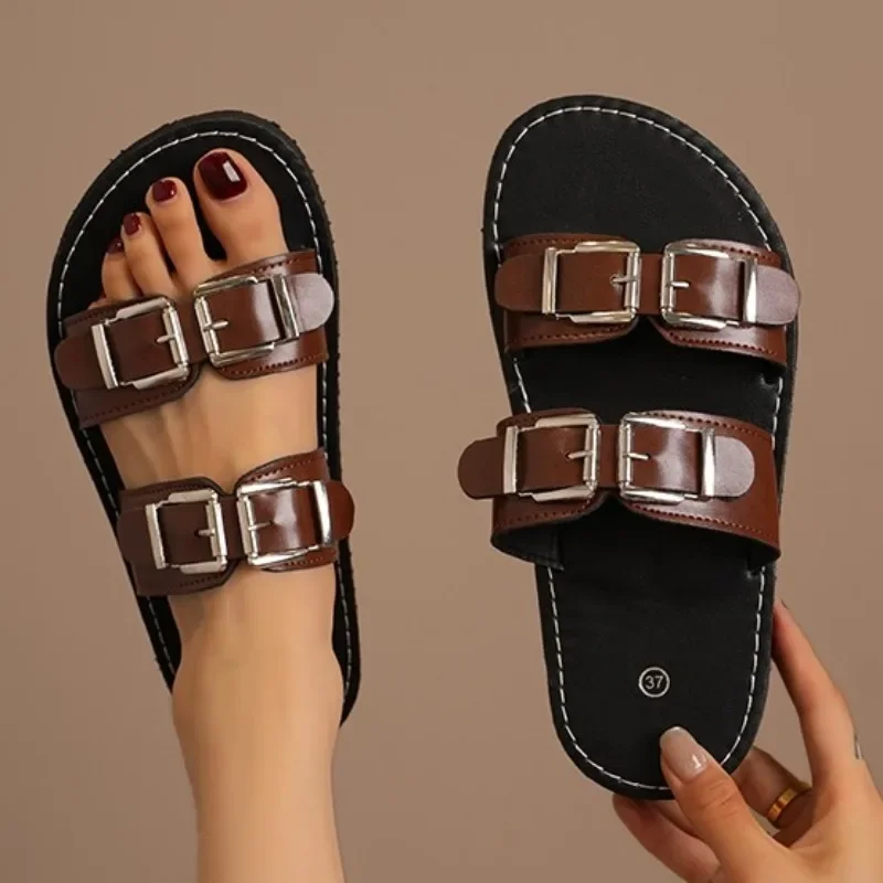 2024 Summer Hot Sale Shoes Ladies Open Toe Women's Slippers Roman Buckle Solid Flat Casual Comfortable Slippers Plus Size 45