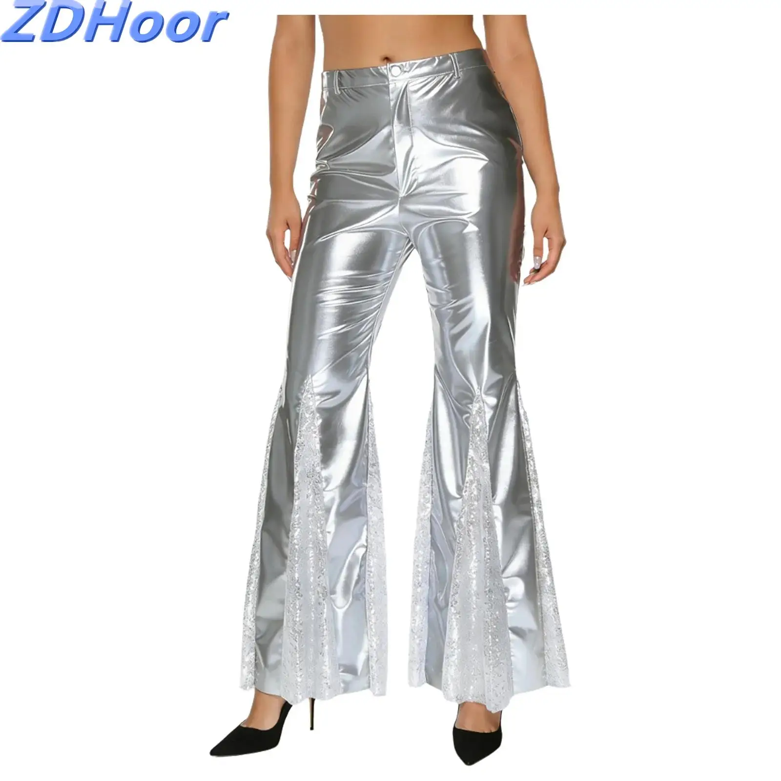 

Womens 70s Disco Shiny Metallic Pants Hippie Vintage Costume Dance Party Nightclub Sequins Bell Bottoms Performance Flared Pants