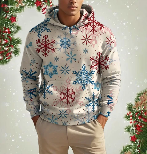 Sudaderas con capucha de manga larga para hombres, patrón de copo de nieve de Navidad, Tops impresos en 3D, tema de Navidad de gran tamaño, moda de otoño e invierno