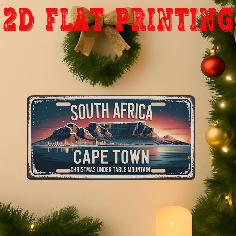 South Africa Cape Town Christmas Under Table Mountain 2D Flat Printing License Plate Style Metal Tin Sign, Scenic South African