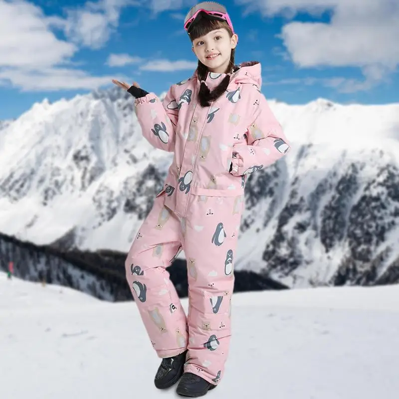 Girls Pink Snowsuit Waterproof Cute Penguin Ski Suit Colorful Jumpsuits Snowsuits Windproof Insulated Ski Jumpsuit Winter