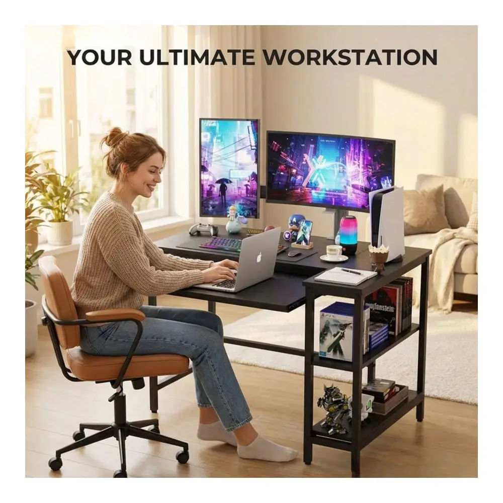 Schwarzer L-förmiger Eck-Computertisch mit robustem Metallrahmen, umkehrbarem Ablagefach, multifunktionaler Gaming- und Arbeitsstation