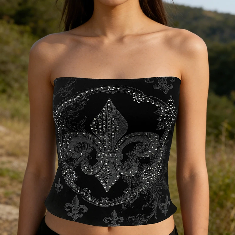 Sommerliches europäisch-amerikanisches Damen-Top mit Kreuzmuster, Heißprägung, Diamanten, schmal geschnitten, Wickeloptik, Gothic-Stil, Y2K.