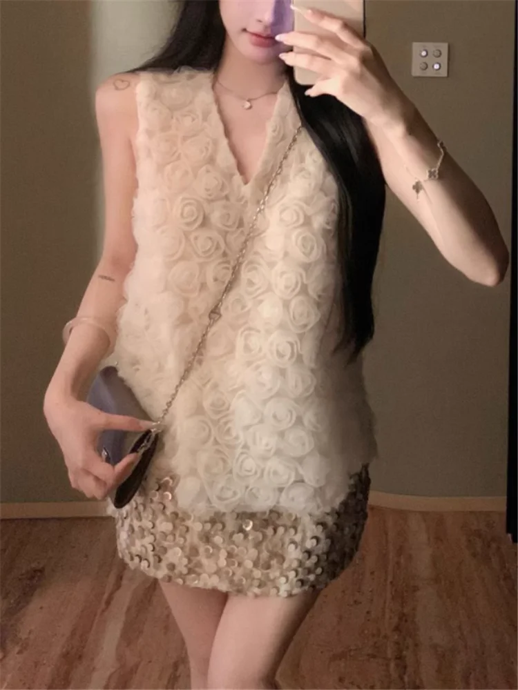 Celebrity Elegante Donna 2 Pezzi Set di Abiti con Scollo a V 3d Fiore di Rosa Maglia Canotta e Mini Una Linea di Paillettes Gonna chic 2 Pezzi Abiti