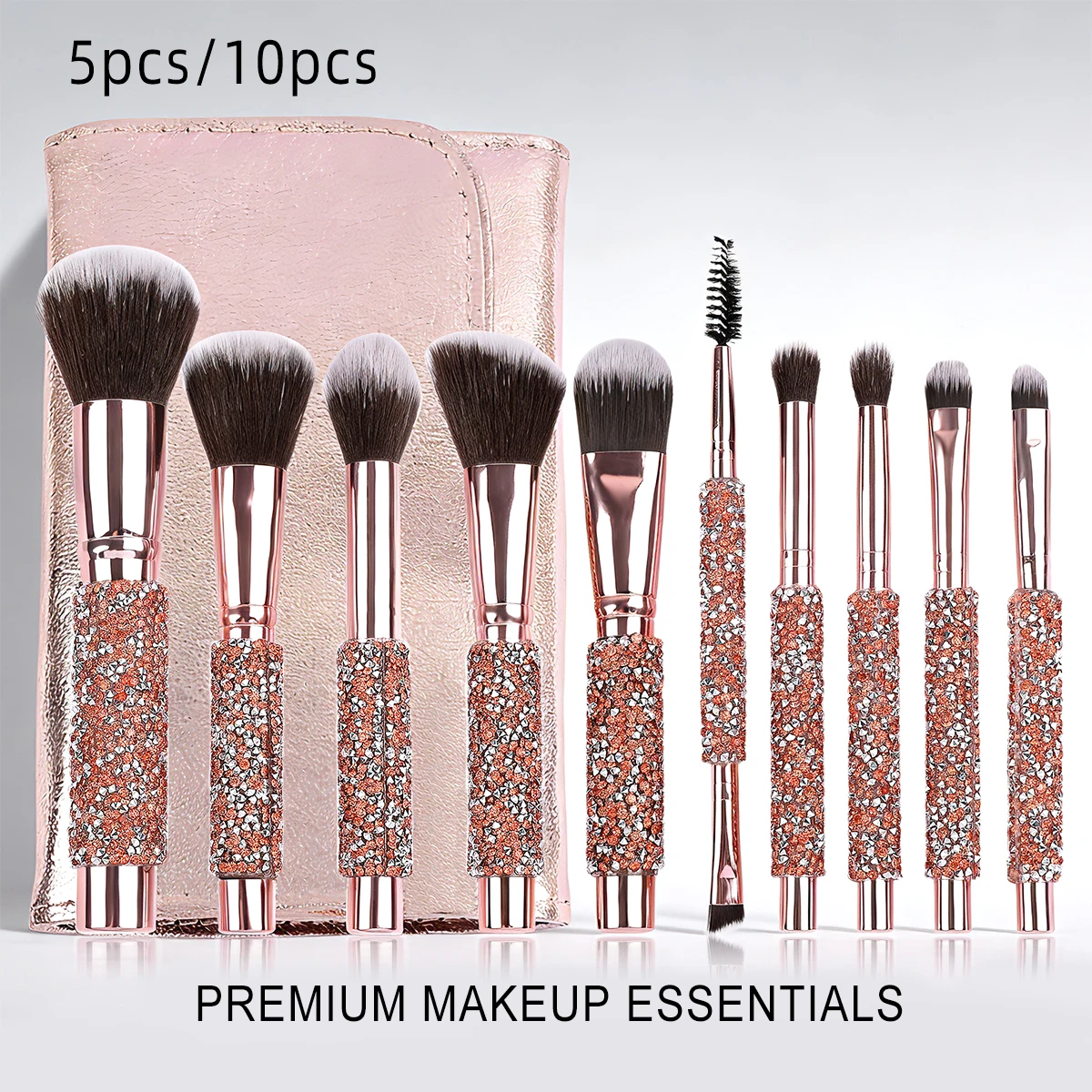 5pcs/10pcs Luxury Rhinestone-encrusted Makeup Brushes Set with Rose Gold PU Bag Portable Travel Beauty Tools for Women