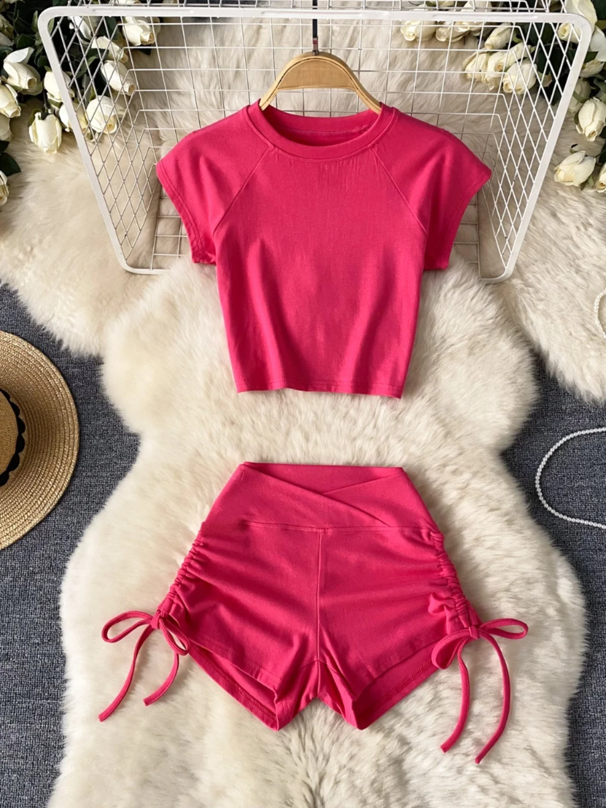 Sexy Short American Casual Sports Yoga Clothes Set Drawstring High Waist Slim Fit T-Shirt And Shorts Two-Piece Set for Women