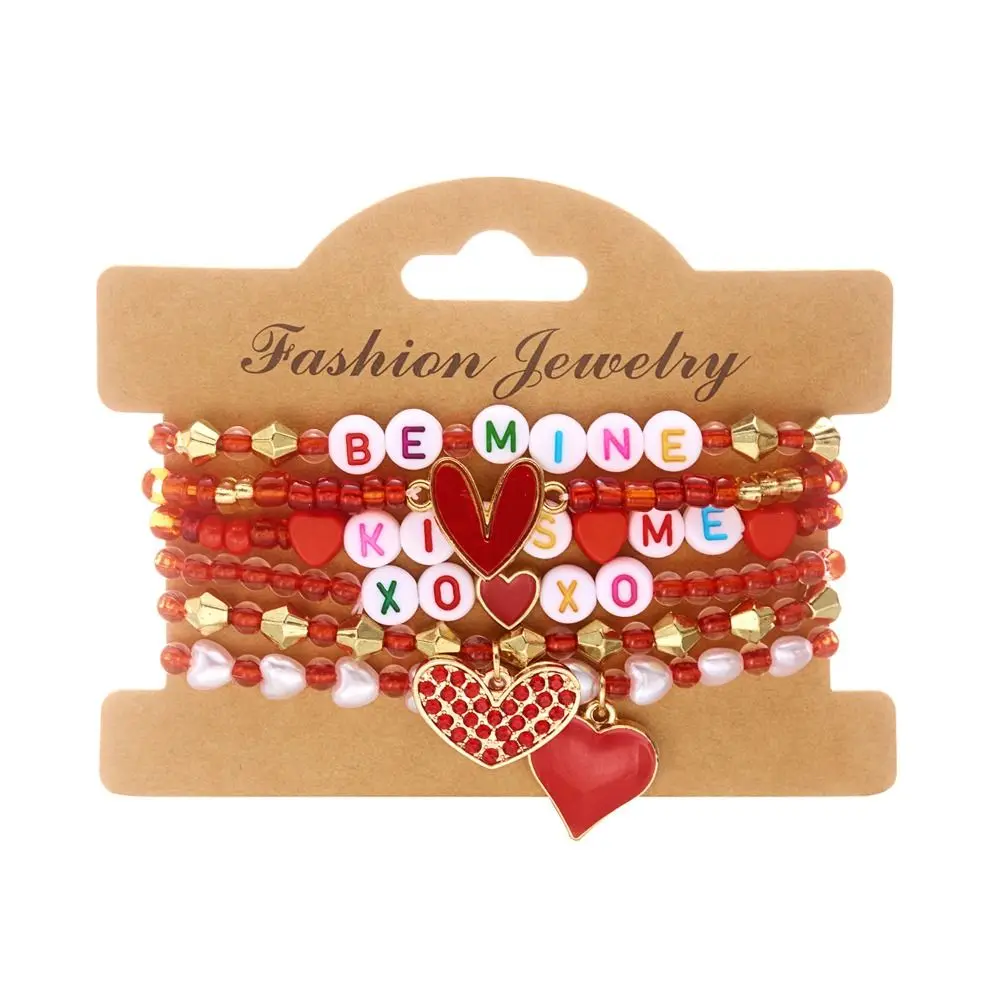Handmade Design Soft Clay Beaded Bracelet Letters Stackable Design Valentine's Day Bracelet Multilayer Red Beads