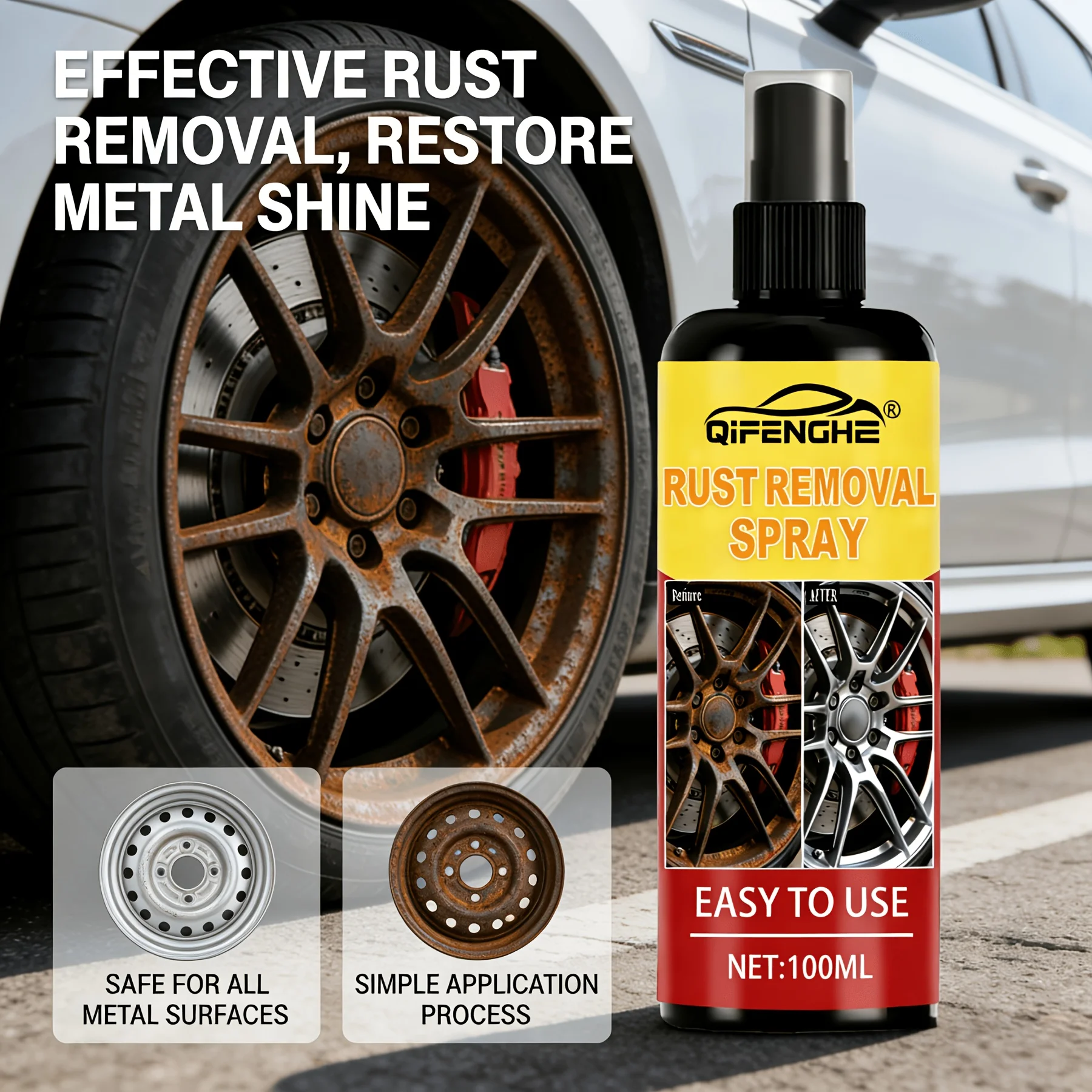 Heavy-Duty Metal Rust Remover Spray, Multi-Surface Rust Converter for Chrome Iron Alloy Steel, Ideal for Auto Car Hardware Tools
