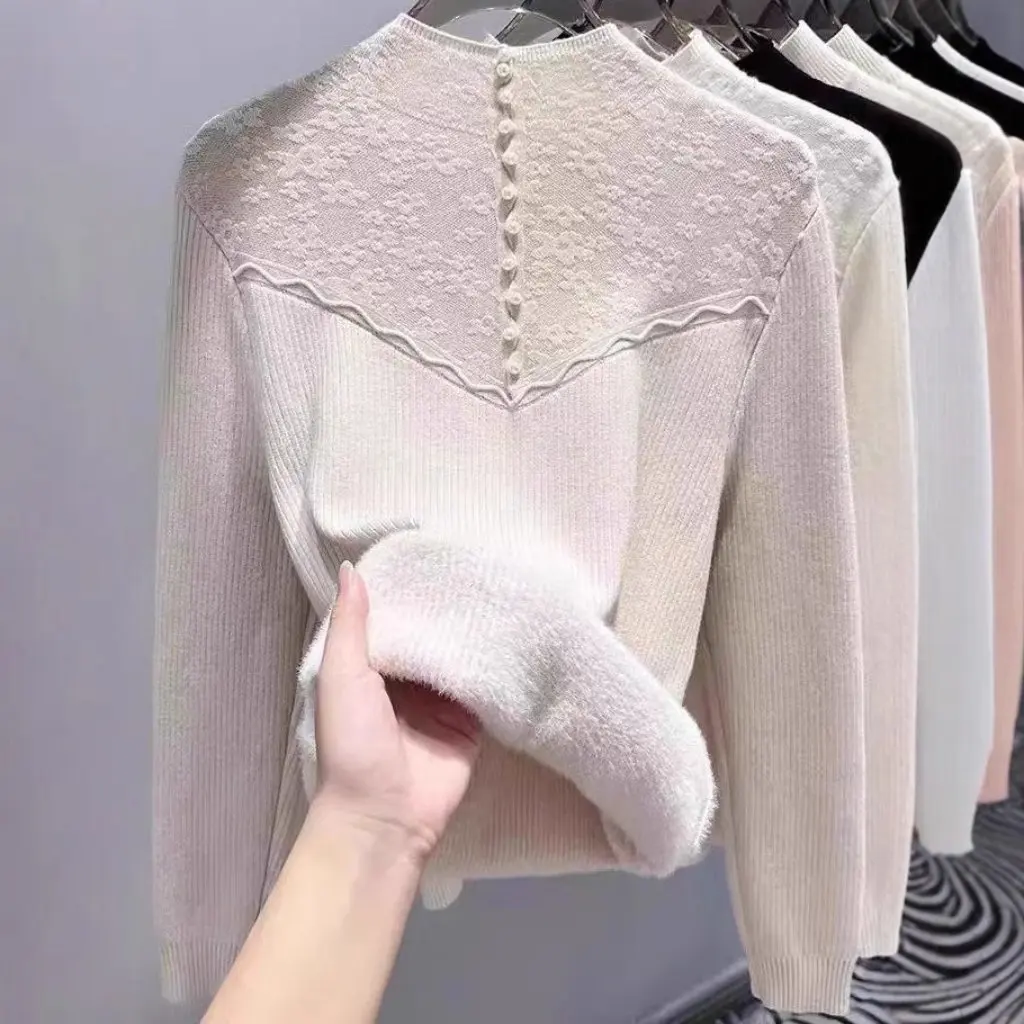 

Women's One-Piece Fleece Knitted Sweater Autumn/Winter Half-Turtleneck Pullover Long Sleeve Jacquard Beaded Base Layer Top