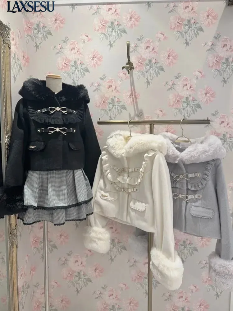 Women's Thick Coats Winter Lolita Style Sweet and Cute Woolen Coat 2026 New Design Sense Niche Bow Short Jacket Femme