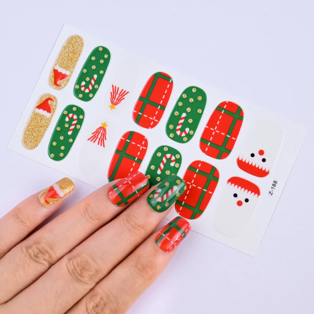 14팁/시트 크리스마스 네일 스티커 눈송이 엘크 산타클로스 눈사람 접착 네일 폴리시 스트립 풀 커버 겨울 크리스마스 데칼
