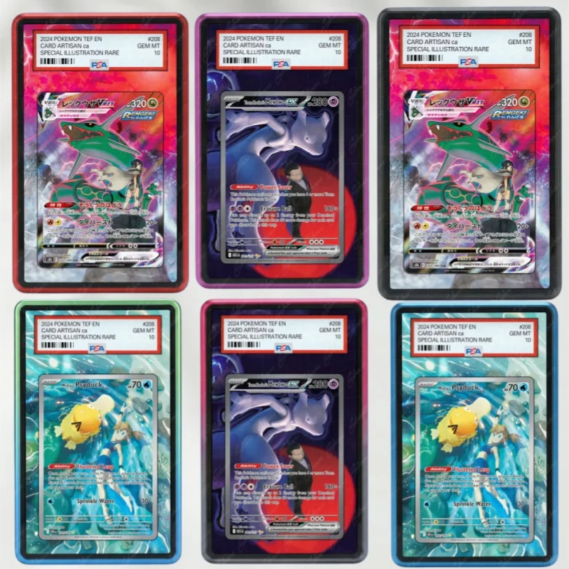 Suporte de Exibição em Acrílico para Cartas de Anime PTCG Rayquaza Mewtwo Ex Psyduck com Arte Estendida, Coleção de Cartas com Pintura Estendida DIY, Expositor PSA
