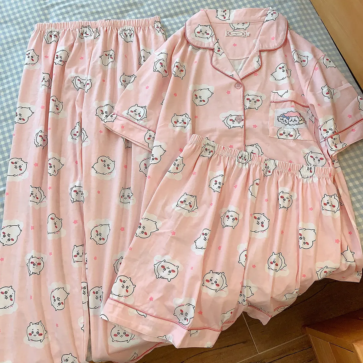 3Pcs Anime Chiikawa Women Pajama Set Cartoon Hachiware Lapel Short Sleeve Top Shorts Long Pants Soft Kawaii Girls Homewear Gift