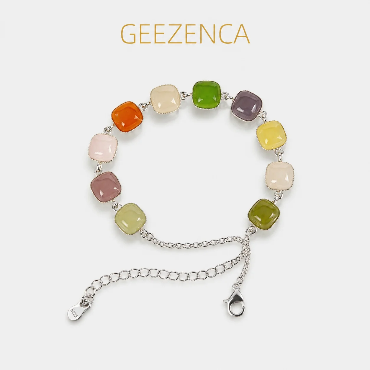 GEEZENCA Multi Colored Stone Square Jade Charms Chain Link Bracelet Women 925 Silver Dainty Trendy Layered Bracelets Party Gift