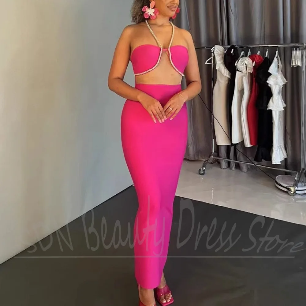 

Chic Women Dresses Slim Diamond Chain Halter Party Gowns Back Slit Fashion Sexy Sleeveless Ankle Length Prom Dresses 2025