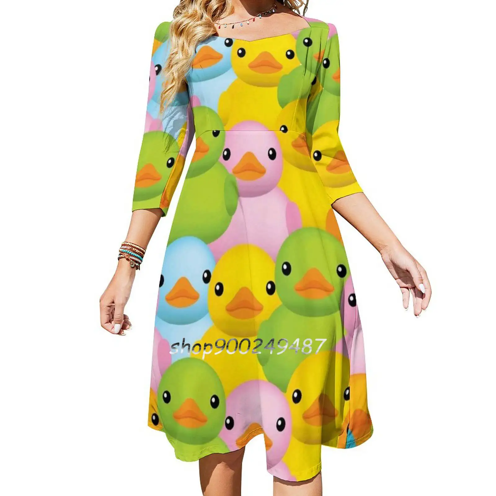 Dux Square Neck Dress Sweet Summer Dress Women Elegant Halter Print Dress Duck Rubber Yellow Bathing Bath Toy Baby Bird Swim