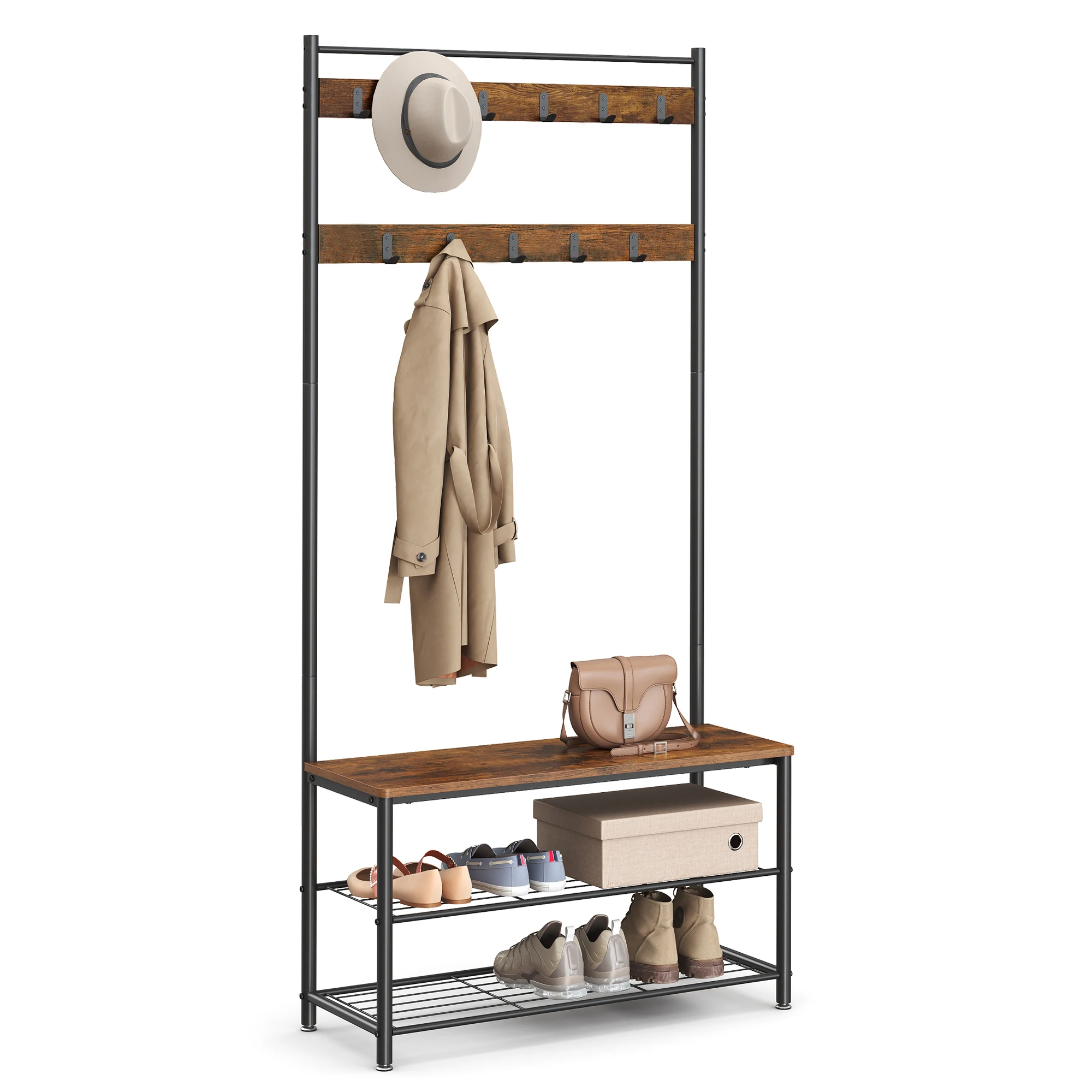 VASAGLE Coat Rack, Hall Tree with Shoe Storage Bench, Entryway Bench with Shoe Storage, 3-in-1, Steel Frame, for Entryway