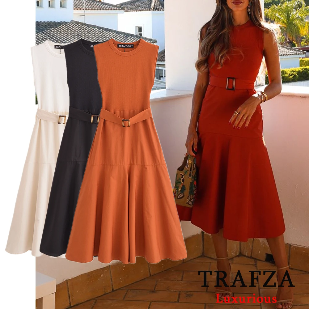 TRAFZA Elegant Solid Knitted Patchwork Midi Dress Women O Neck Sleeveless Belted Dresses 2024 Chic Lady Party Dress