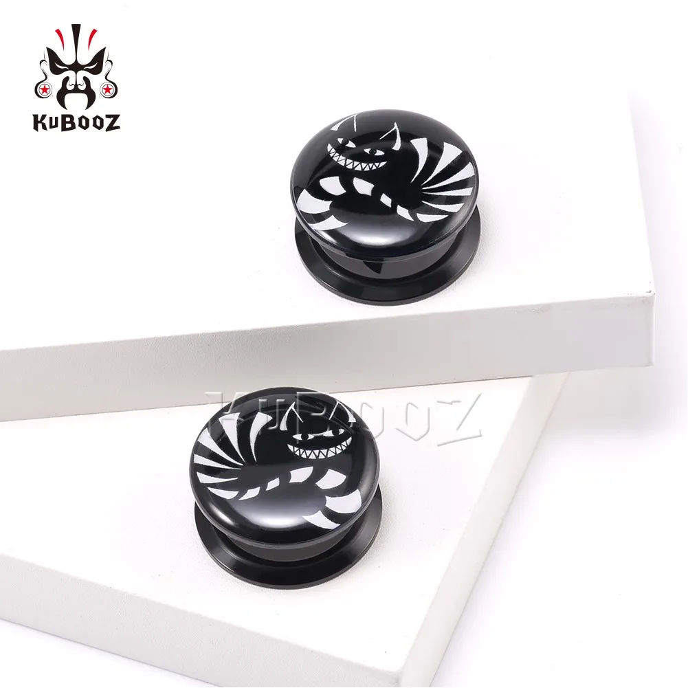 KUBOOZ Cartoon Acrylic Black White Cat Ear Plugs Tunnels Earring Gauges Piercing Body Jewelry Stretchers Expanders 6-30mm 2PCS