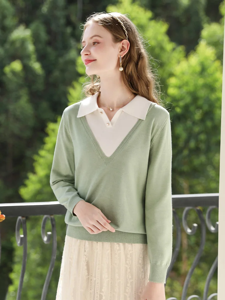 I BELIEVE YOU Knitted Sweaters Women Autumn 2024 Polo Collar Fake Two New Unique Chic Patchwork Straight Pullovers CMZ245488A