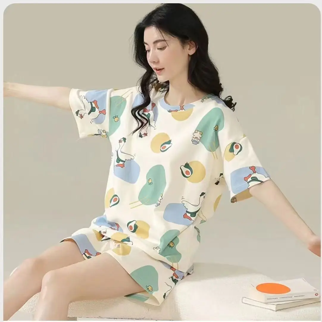 New Ladies Pajamas Homewear Set Female Summer Short-Sleeved Shorts Set Student Girls Cute Cartoon Summer Casual Pajamas Homewear