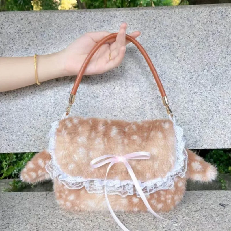 

JIAERDI Sweet Cute Bow Lace Tote Bag Women Plush Soft Large Capacity Shoulder Bag Ladies Winter New Japanese Deer Underarm Bags