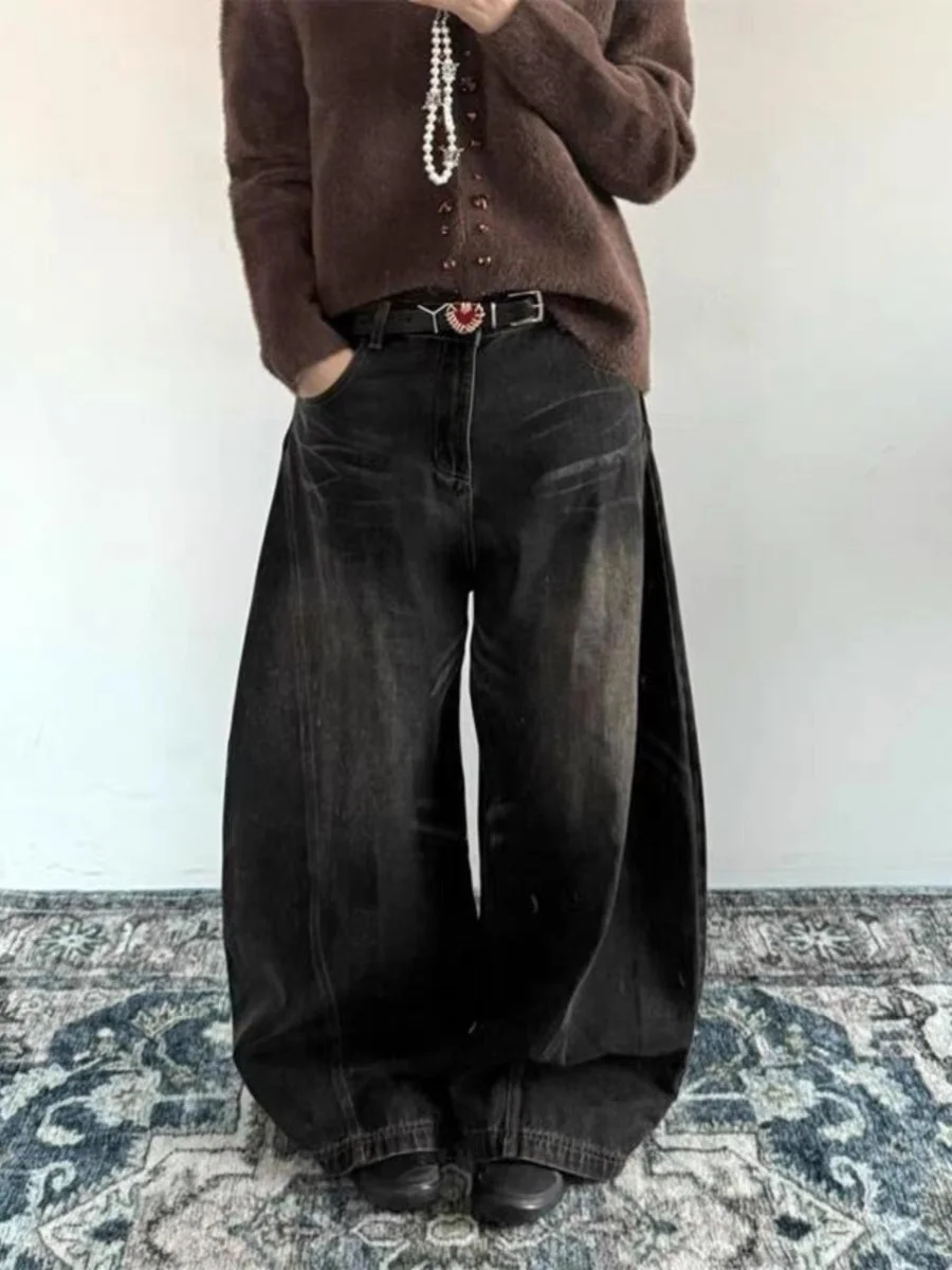 

Retro American Distred Denim Jeans Men's Wide Leg Pants 3D Cutting Cleanfit Silhouette Durable Fabric