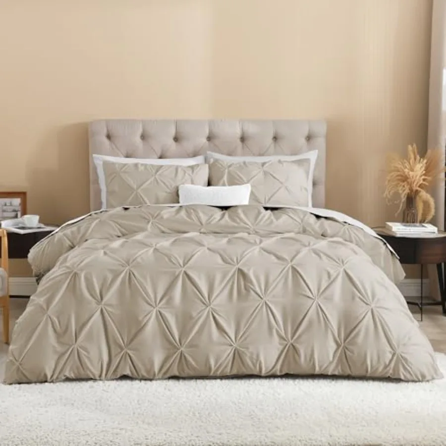 

Oatmeal Pinch Pleat Duvet Cover 3 Pieces Pintuck Soft Polyester Bedding Set with Zipper Closure and Corner Ties 90x90Inch-1 Duv