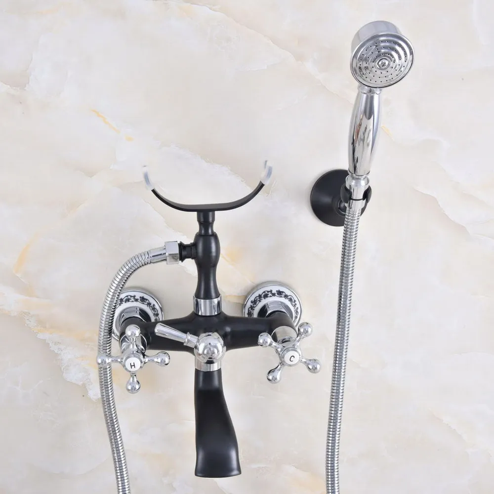 

Black Oil Rubbed & Chrome Brass Wall Mounted Bathroom Bathtub Faucet Set WITH/ 150CM Handheld Shower Spray Head Mixer Tap Dna622