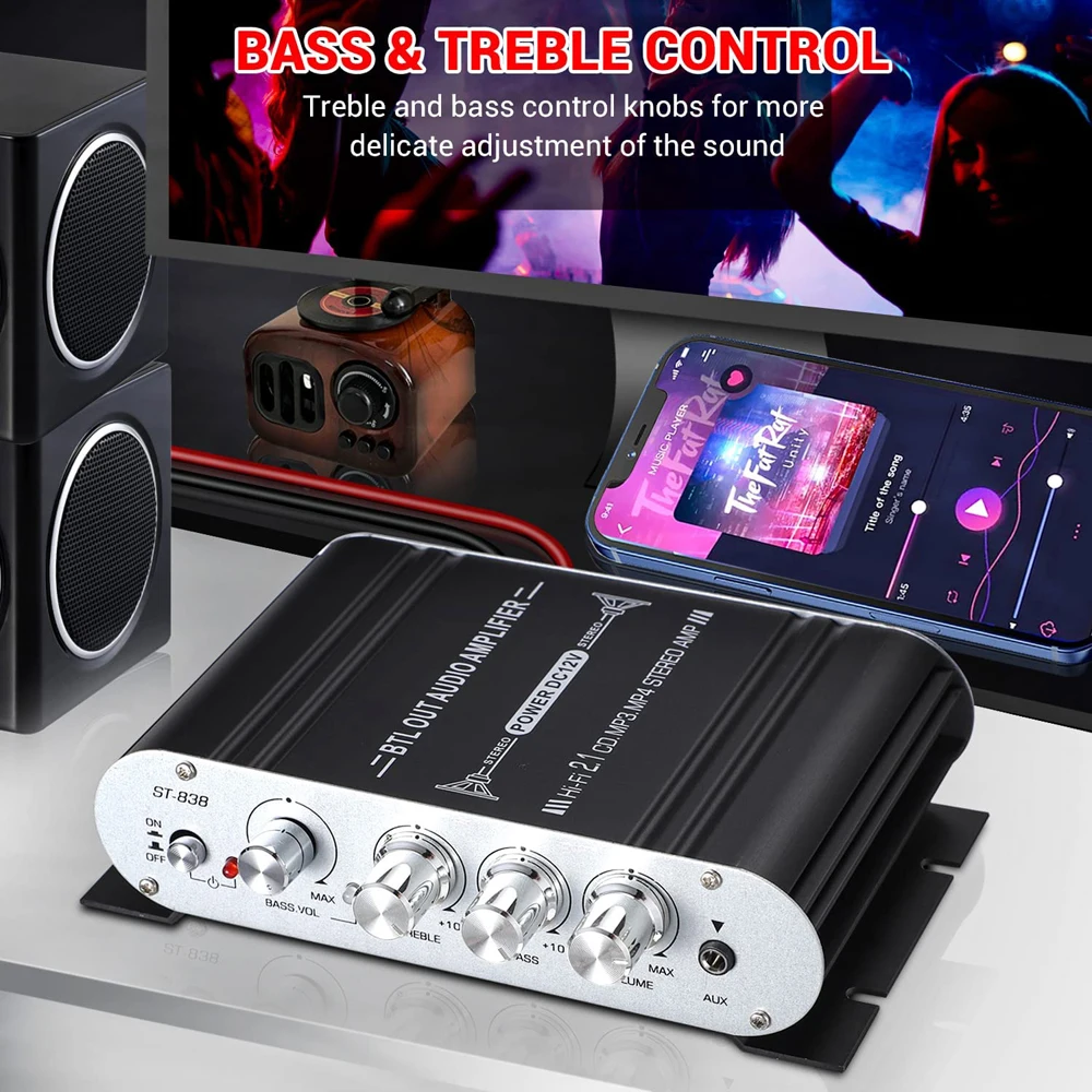 Lepy 838 HiFi 2.1 Channel Audio Amplifier Stereo Bass Sound Amplifier RMS 20Wx2+40W Class D Mini Media Player MP3 Black