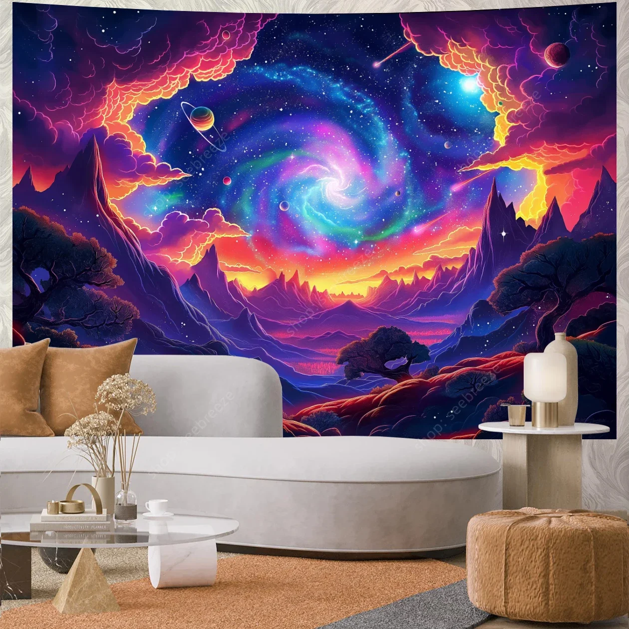 Galaxy Space UV Reactive Tapestry Psychedelic Starry Sky Mountain Tapestry Wall Hanging Aesthetic Room Decor Gothic Home Decor