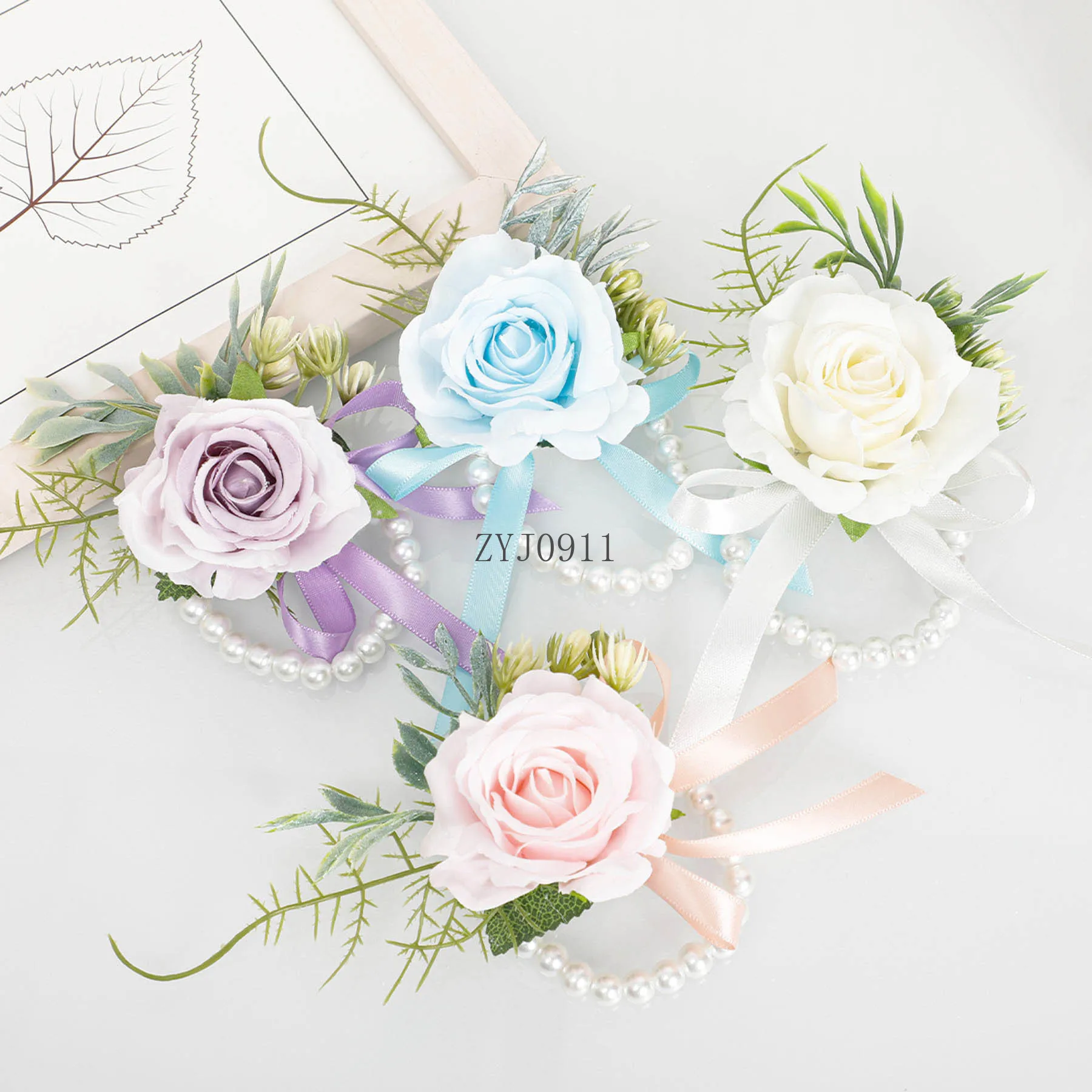 *الصدار 2 قطعة المعصم زهرة الزهور السوار الاصطناعي روز اللؤلؤ سوار للعروس وصيفه الشرف الزفاف