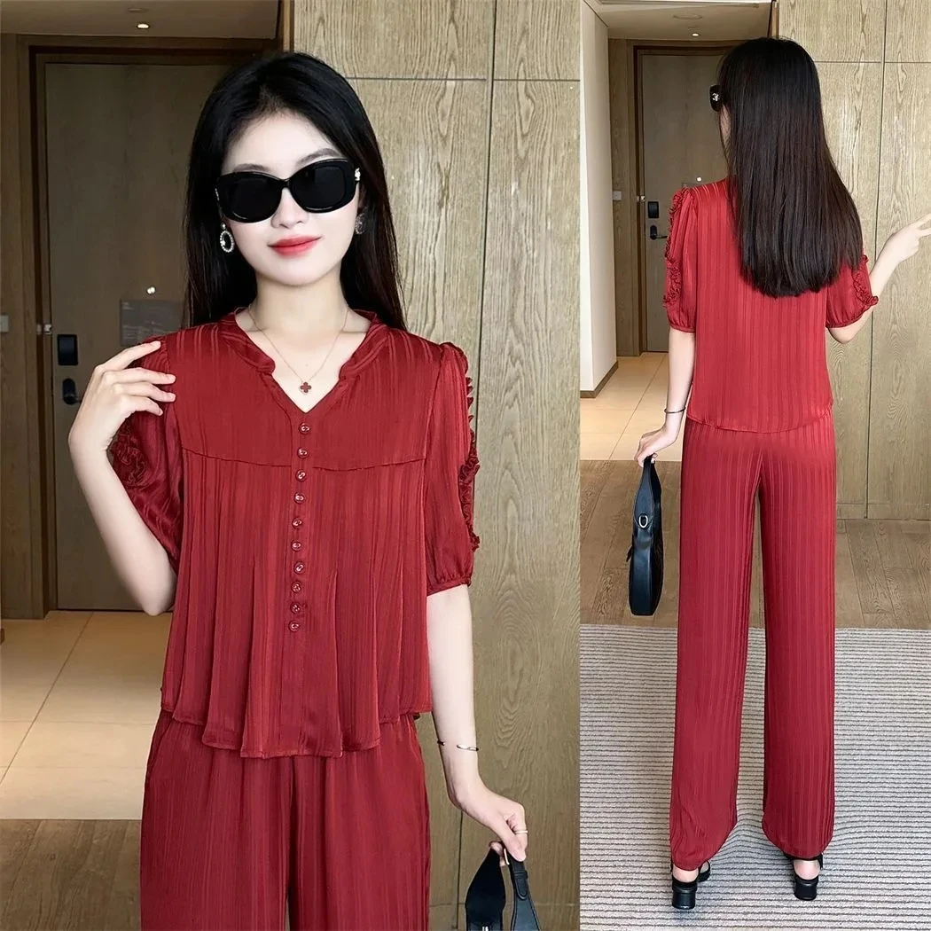 Short Sleeved Oversized Slimming Stylish Casual Summer Set Korean Version Sun Protection Suit For Women Shirt+Pant Two-Piece Set