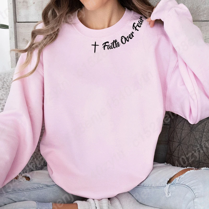 Christian Sweatshirt, Faith Over Fear Letter Print Sweatshirts, Long Sleeves Crew Neck, Religious Shirts,Trendy Christian Gifts