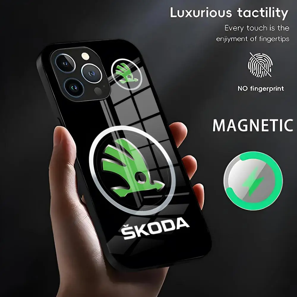 Super-Auto-Design-Skoda Handyhülle für iPhone 17 16 15 14 13 11 12 Pro Max Mini Plus Magnetische Glas-Handyhülle