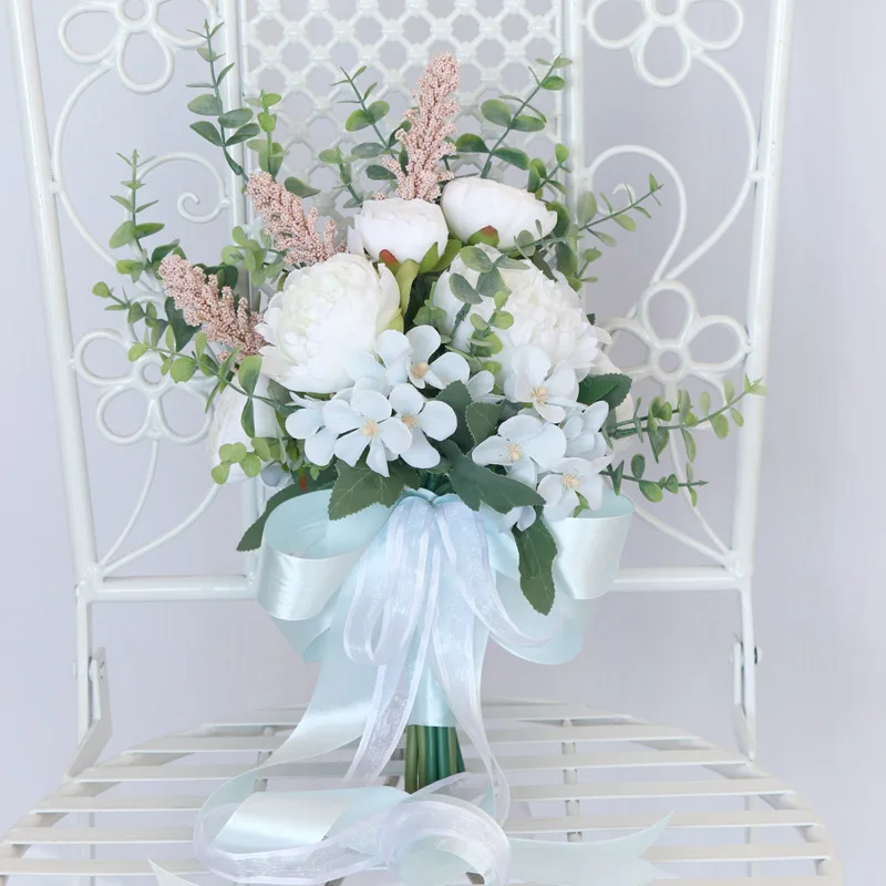 Bouquets Light Sky Blue with Pink and White Flowers Wedding Accessories Bridal Bouquets Flowers 26*36cm