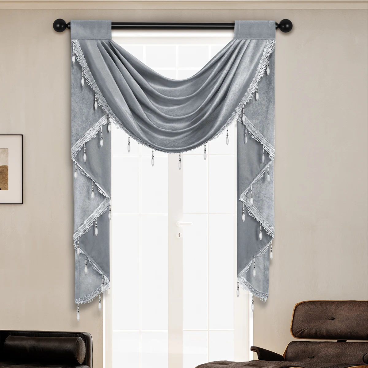 

1 PC European Luxury Style Hollow Swag Valance for Living Room，Italy Fabric Curtain Valance with Beads Design for Window and Doo