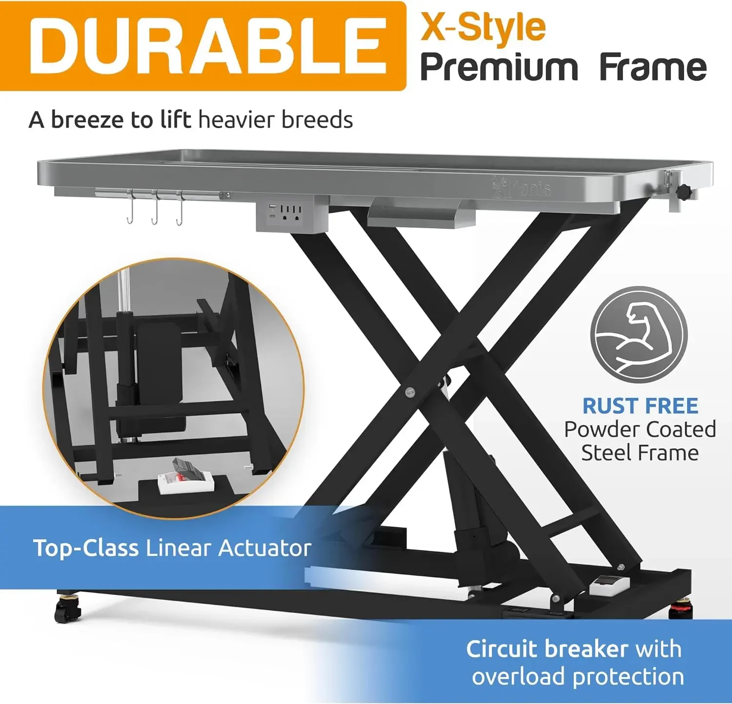 Heavy Duty, Height Adjustable Pet Grooming Table w/Leveling Wheels