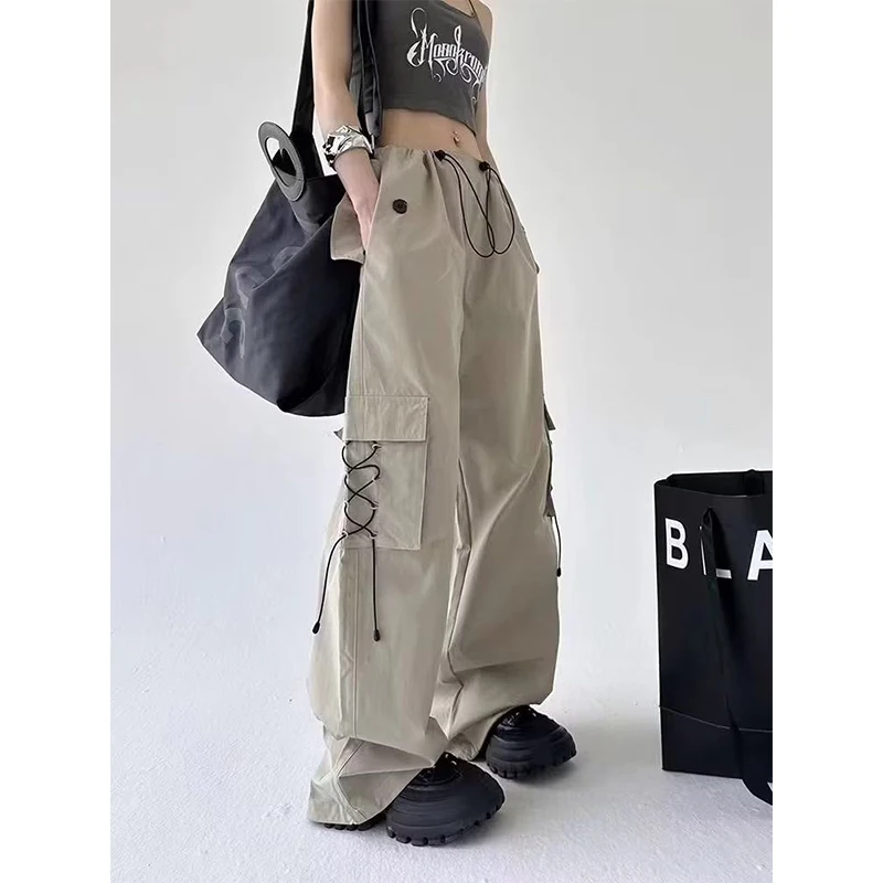 American Style High Street Summer Women Pants Solid Elastic Waist Drawstring Pocket Pleated Casual Loose Wide Leg Cargo Trousers