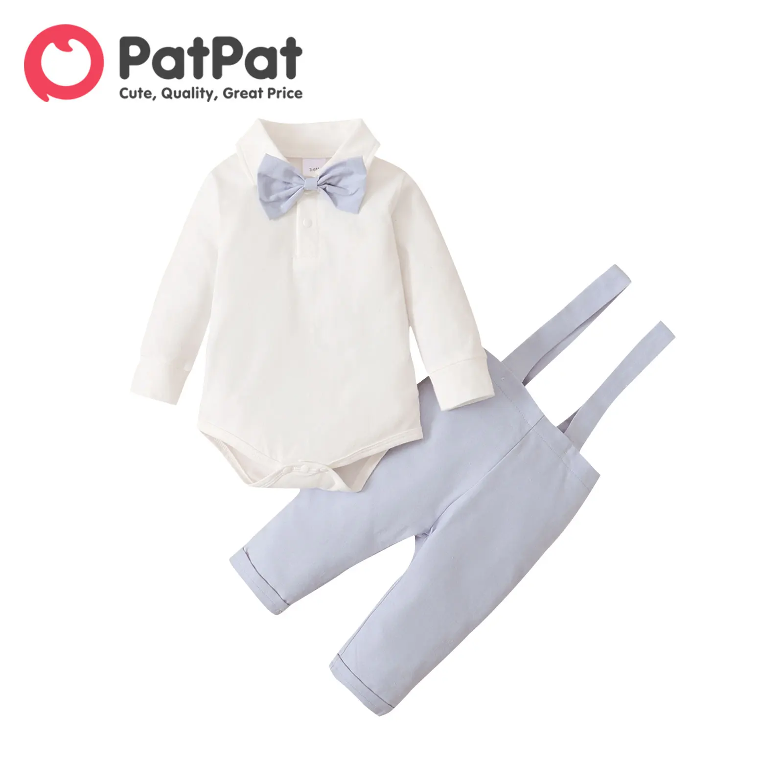 

PatPat 2pcs Baby Boy 95% Cotton Long-sleeve Gentleman Bow Tie Romper and Overalls Set