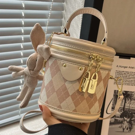 

Simple diamond lattice cylinder bag fashion casual crossbody handbag bucket bag