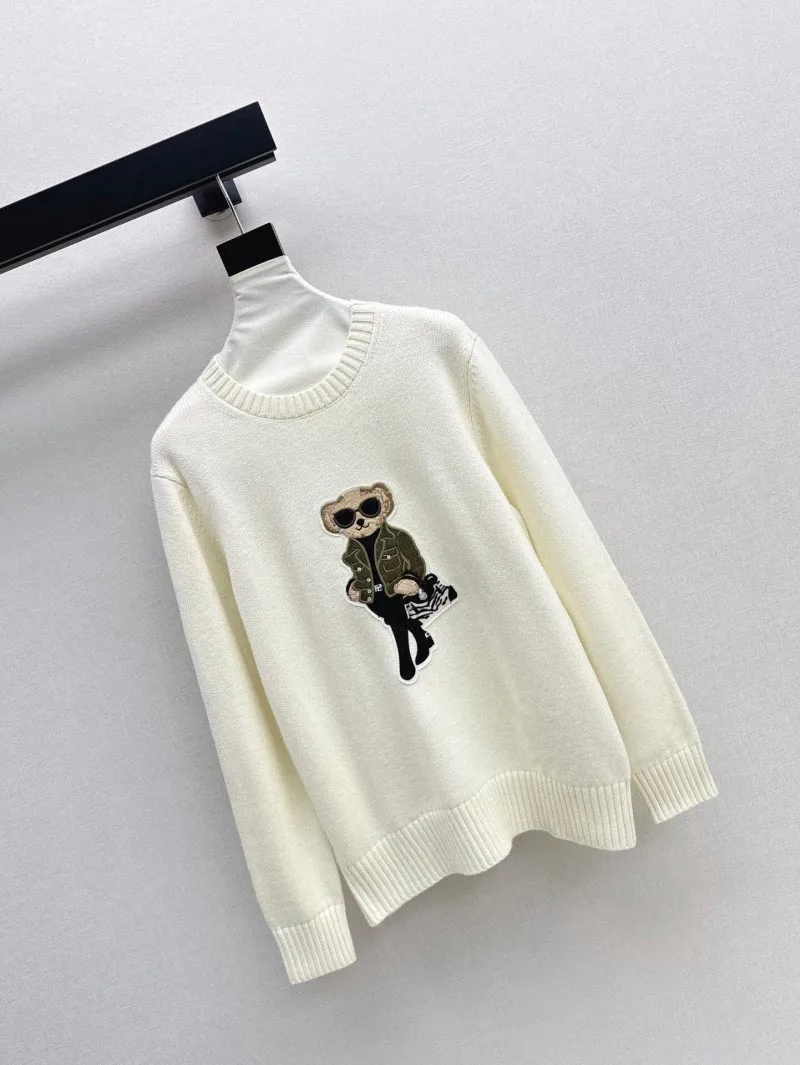 2024 Autumn/Winter New Women's Sweater Fashion Loose Cartoon Teddy Bear Sweater Round Neck Knitted Wool Hoodie Versatile