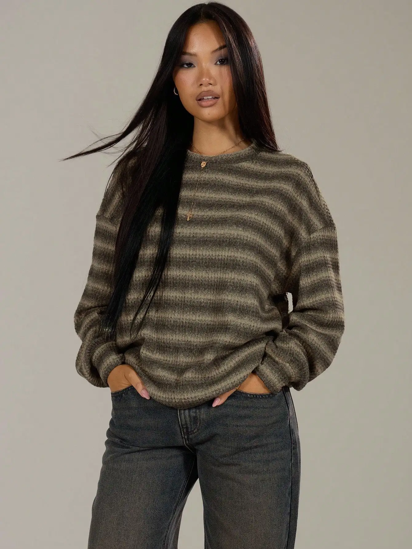 Womens Oversized Crewneck Knit Sweater Alternative Indie Sleaze Aesthetic Long Sleeve Pullover Jumper Top Muted Olive Khaki Shaded Ombre Blurred Stripes Fuzzy Brushed Yarn Drop Shoulder Ribbed Trim Slouchy Fit For Fall Winter Daily Outfits Christmas Gift