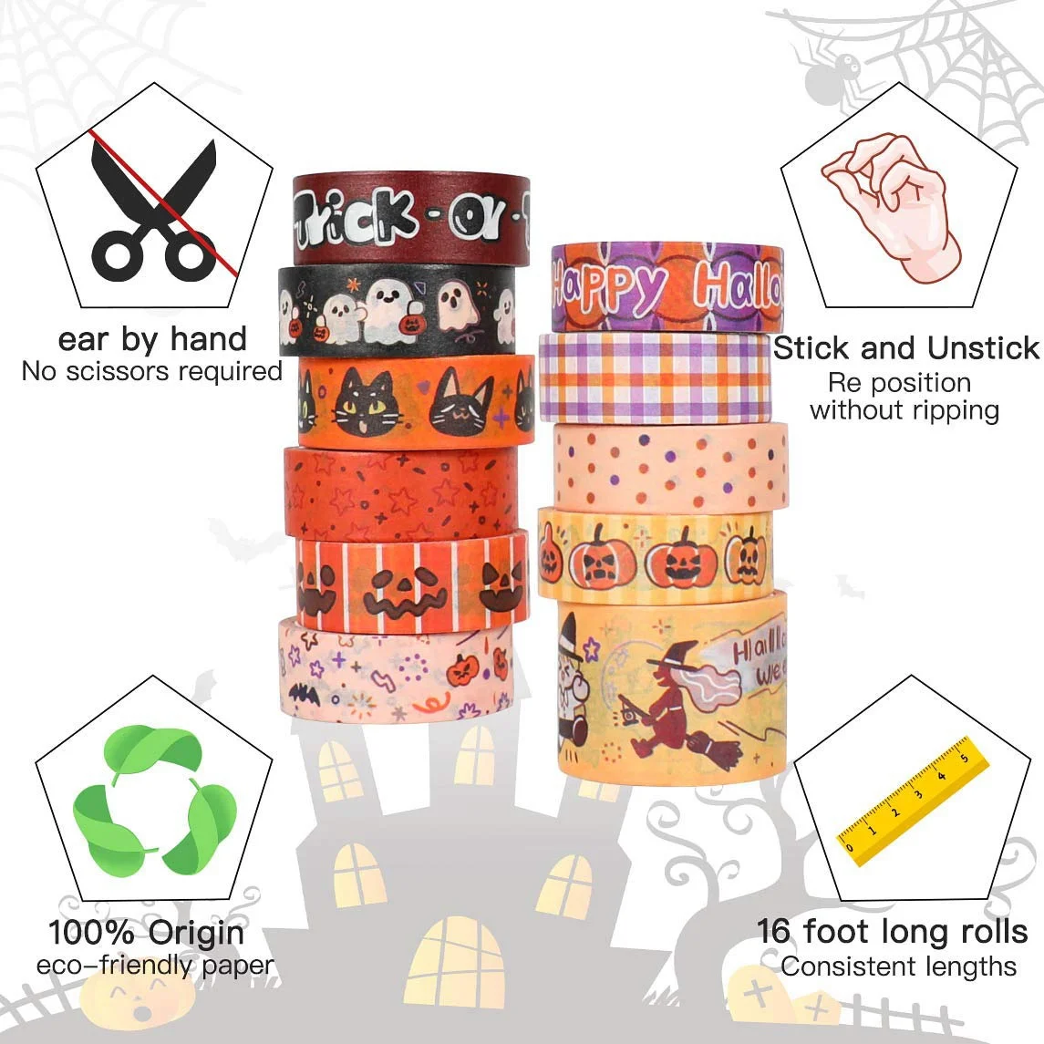 Plester Washi liburan Halloween-Set pita Washi oranye lucu, sempurna untuk, kerajinan DIY, perencana, buku tempel, kemasan hadiah