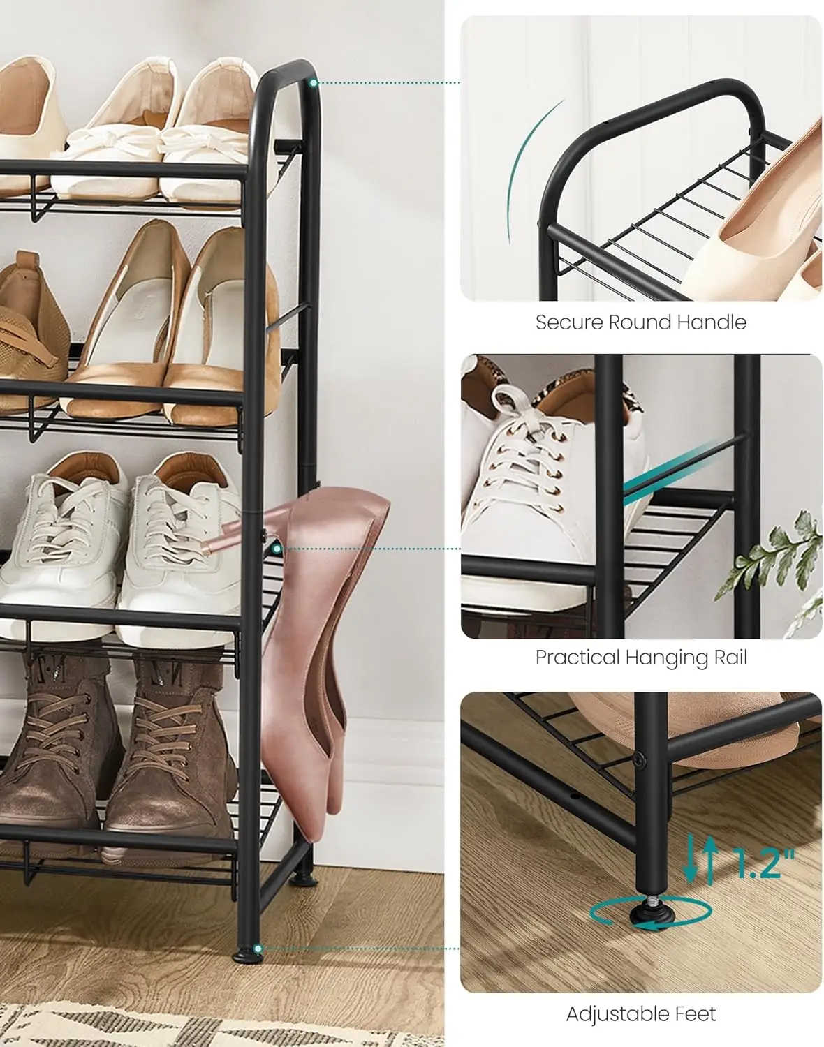 Stackable Shoe Rack, 4 Tier Metal Shoes Rack Storage Shelf, Holds up to 20 Pairs Shoes, Adjustable Slanted Shelves Shoe Tower