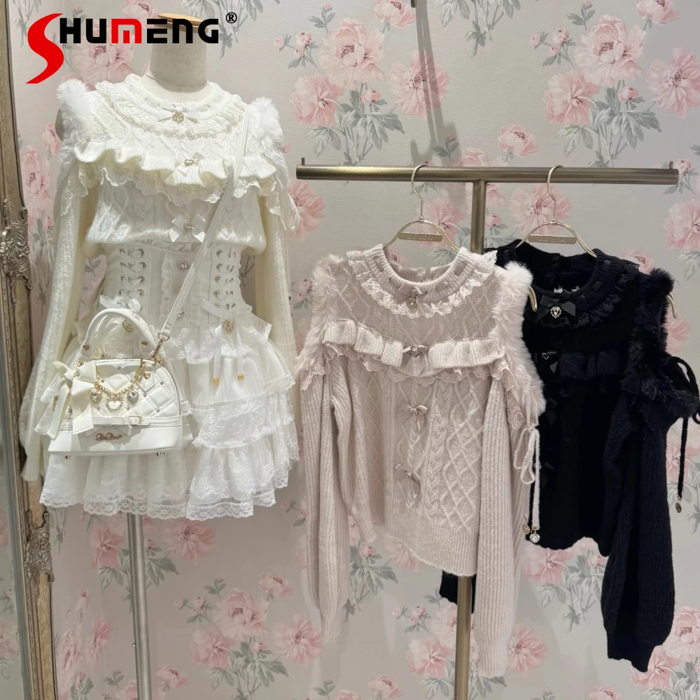 

Japanese Style Elegant Sweet Liz Knitted Tops Off-Shoulder Plush Long Sleeve Bow Sweet Versatile Pullovers Sweaters Women Autumn