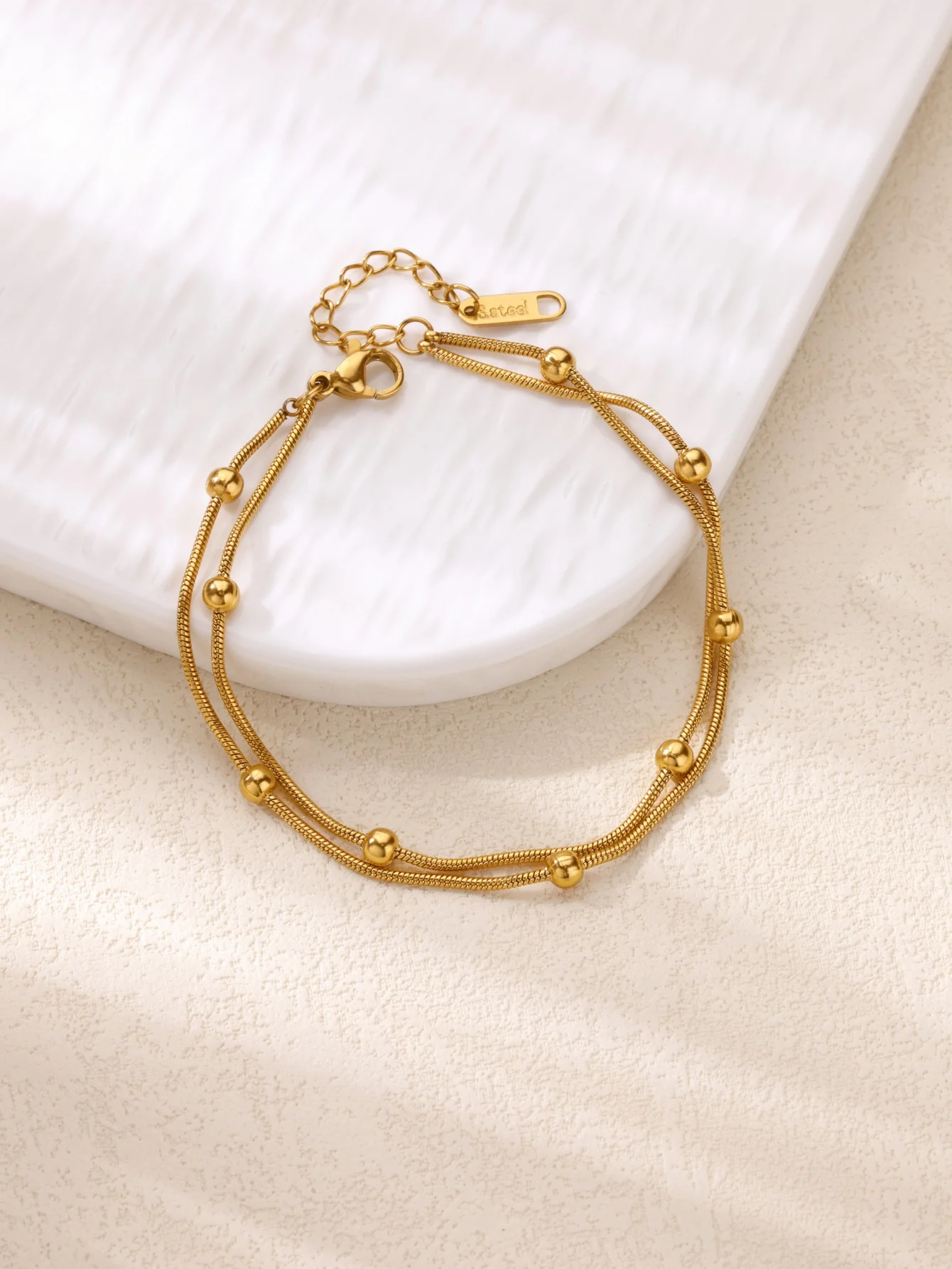 Pulseras de bolas de cuentas de acero inoxidable para mujer, pulsera de cadena de doble capa de Color dorado Vintage, joyería para fiesta en la playa de verano