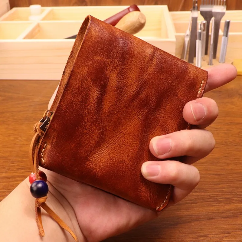 

Women Men Retro Cowhide Slim Key Purse Folding Wallet Solid New Fashion Unisex Handbag 10.5x9.5cm