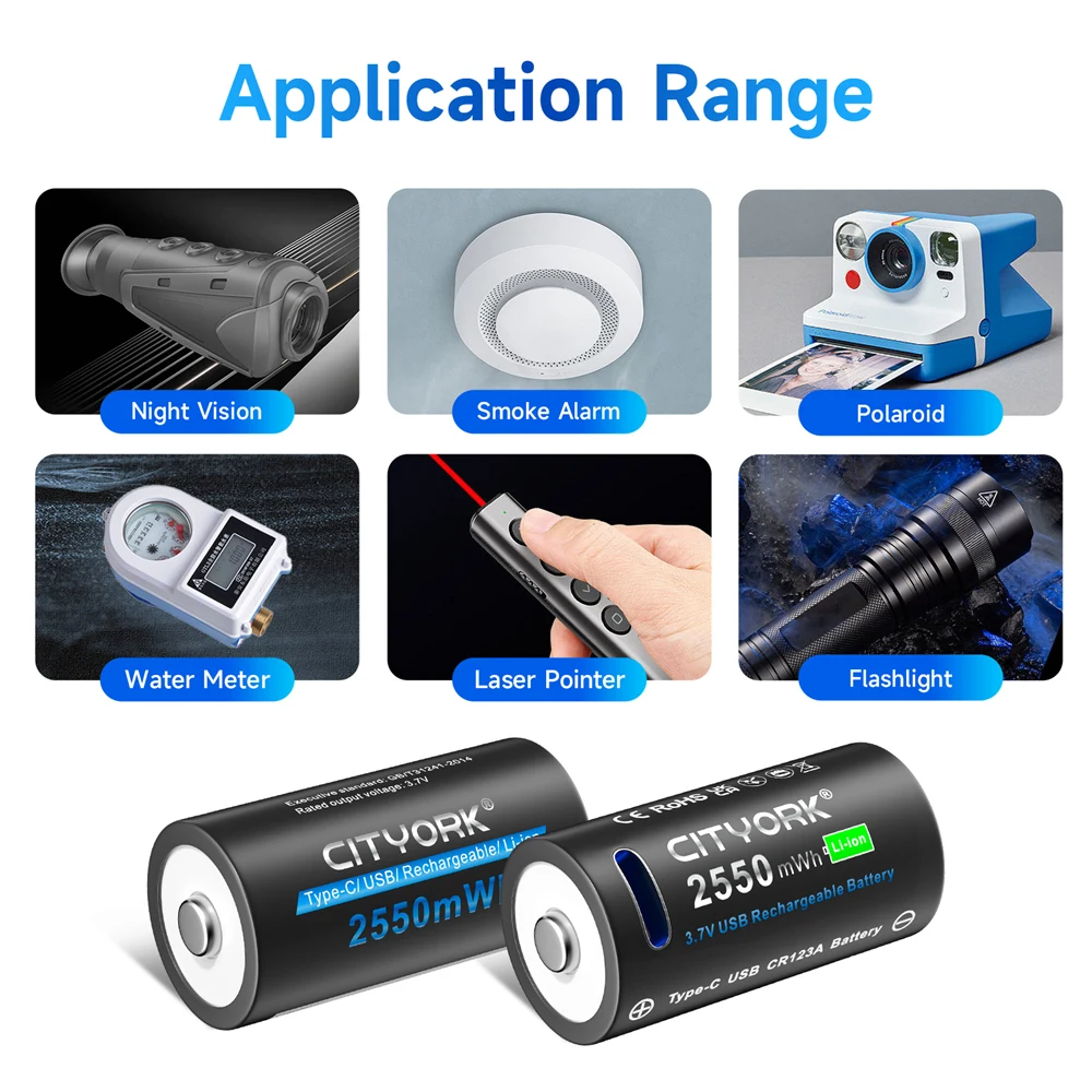 CITTORK 100% Capacity 3.7V CR123 CR123A Rechargeable Battery Type-C USB Charging RCR123 16340 16350 Lithium Li-ion Batteries